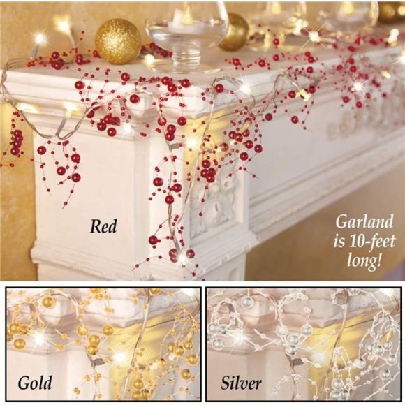 Indoor Christmas Decorations, Festive Lighted Berry Beaded Garland Gold- 120" L - Picture 3 of 3